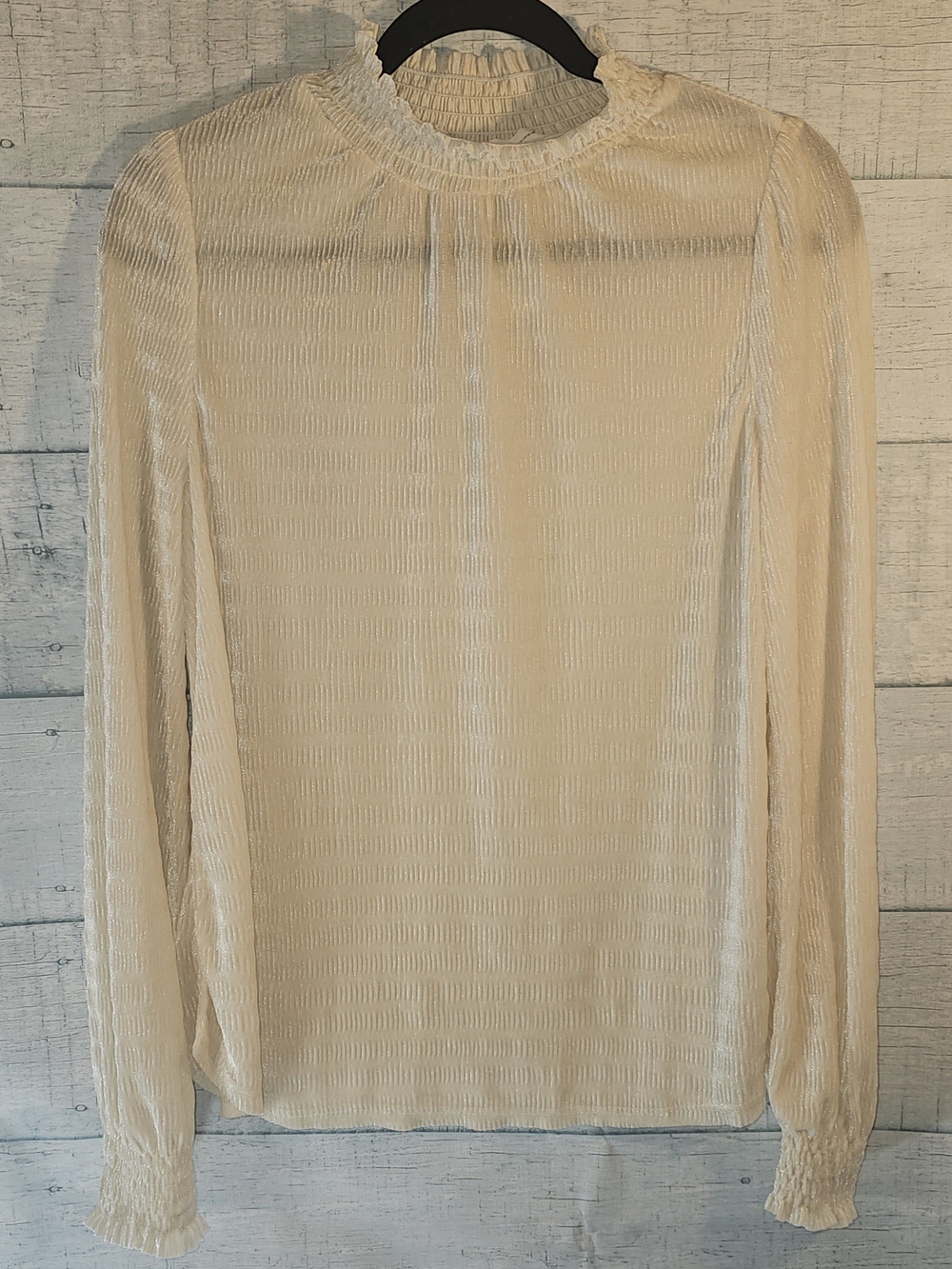 Ces Femme Cream Ruffled Mock-Neck Long Sleeve Blouse